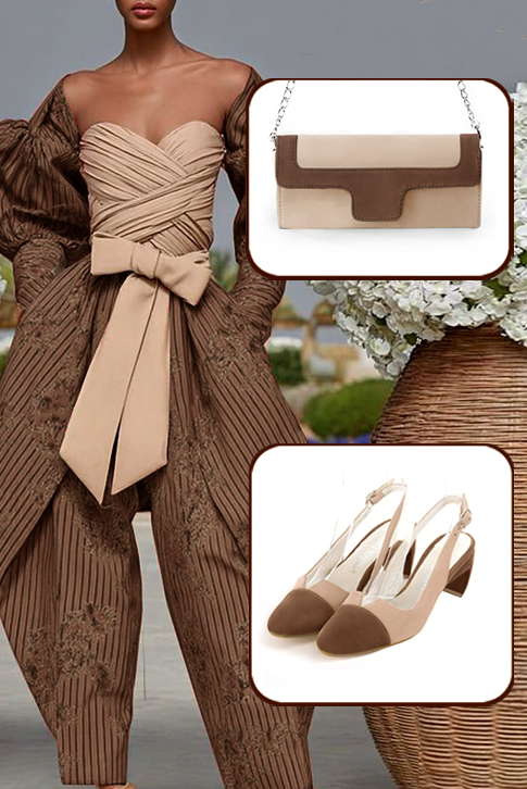 Women's chocolate brown and biscuit beige elegant slingback heels. Round toe. Medium comma heels - Worn view